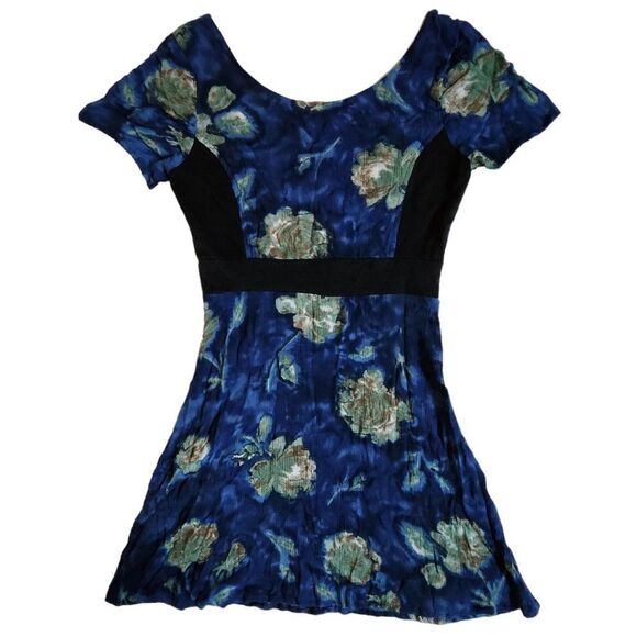 Super Lucky Cat blue black floral zip front short sleeve dress sz S - Picture 2 of 10